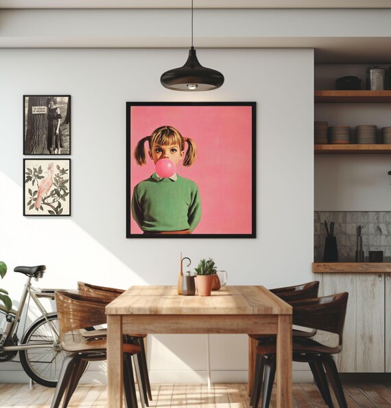 Retro Wall Art Girl with a Bubble Gum Poster Bubble Gum Wall Art Vintage Kid Print