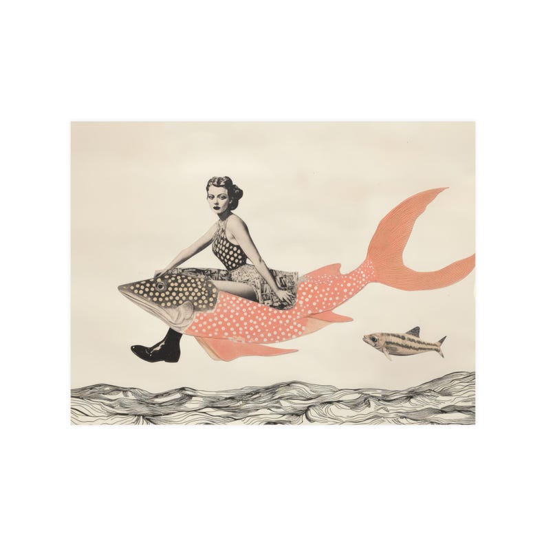 Retro Collage Wandkunst, wunderliches Poster Vintage Stil Mädchen auf einem Fisch, einzigartiges Wohndekor, nautische Wandkunst Bild 6