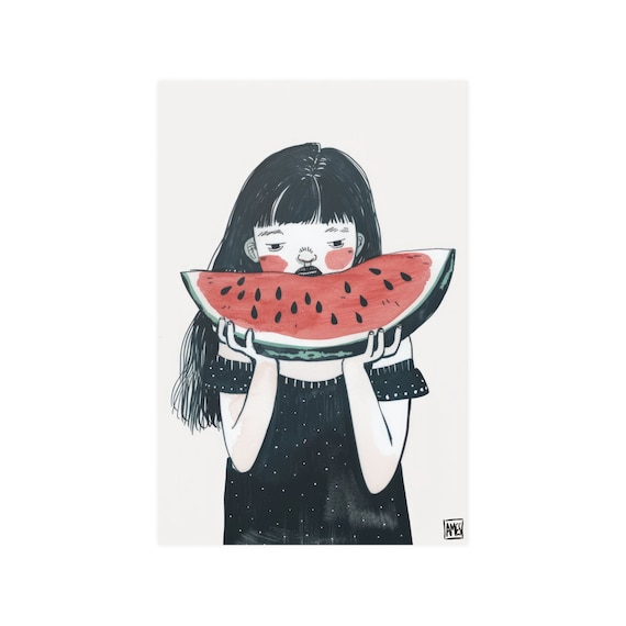 スイカを食べる女の子の壁アート スイカのポスター スイカを持つ女の子