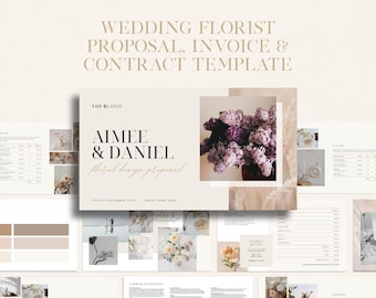 Peut inclure: Un modèle de proposition, de facture et de contrat de fleuriste de mariage avec une proposition de design floral pour Aimee & Daniel. Le modèle présente une palette de couleurs neutres avec un motif floral.