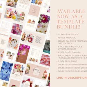 Puede incluir: Un collage de im&aacute;genes que muestran un paquete de plantillas de dise&ntilde;o floral. El paquete incluye una gu&iacute;a de precios, una propuesta, una factura de reserva, un cuestionario, mosaicos para redes sociales y tarjetas de visita. El texto "AVAILABLE NOW AS A TEMPLATE BUNDLE!" se muestra en rosa.