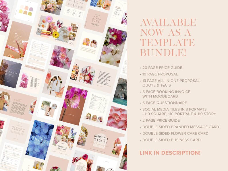 Puede incluir: Un collage de im&aacute;genes que muestran un paquete de plantillas de dise&ntilde;o floral. El paquete incluye una gu&iacute;a de precios, una propuesta, una factura de reserva, un cuestionario, mosaicos para redes sociales y tarjetas de visita. El texto "AVAILABLE NOW AS A TEMPLATE BUNDLE!" se muestra en rosa.