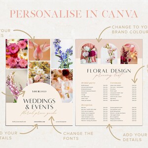 Puede incluir: Una plantilla de lista de precios de dise&ntilde;o floral imprimible para bodas y eventos. La plantilla presenta un collage de arreglos florales, un espacio reservado para el logotipo y campos de texto personalizables para los detalles de precios. La plantilla est&aacute; dise&ntilde;ada para ser editada en Canva.