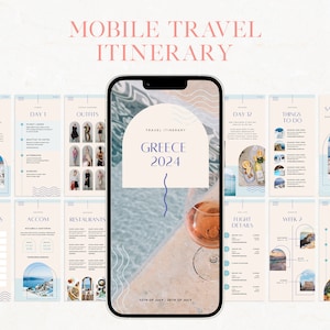 Puede incluir: Una plantilla de itinerario de viaje móvil para Grecia 2024, que se muestra en un teléfono inteligente. El diseño presenta una paleta de colores claros con acentos azules y rosas. El itinerario incluye secciones para atuendos, cosas que hacer y detalles de vuelos.