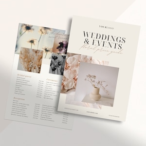 May include: A floral price guide for weddings and events with a beige background and a photo of dried flowers in a vase. The text "WEDDINGS & EVENTS floral price guide" is in a brown font. The text "YOURLOGO" is at the top of the page.