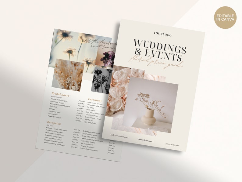 May include: A floral price guide for weddings and events with a beige background and a photo of dried flowers in a vase. The text "WEDDINGS & EVENTS floral price guide" is in a brown font. The text "YOURLOGO" is at the top of the page.