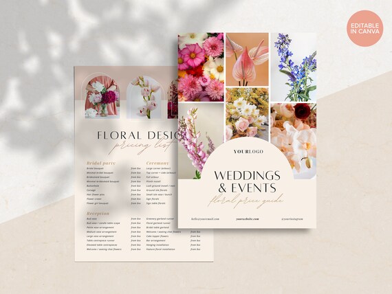 Wedding Florist Price List Template | Luxe 2 Page Canva Floral Design Pricing Guide | Double Sided Printable Client Sheet | WF003