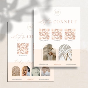 Op de afbeelding: Een witte kaart met een bruine rand en de tekst "Let's Connect" in een cursief schrift. Onder de tekst staan drie QR-codes, met de labels "Instagram", "Facebook" en "TikTok".