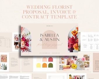 Peut inclure: Modèle de proposition, facture et contrat de fleuriste de mariage avec un schéma de couleurs rose et pêche. Le modèle présente une proposition de design floral pour Isabella & Austin, avec une palette de couleurs et des ingrédients floraux.