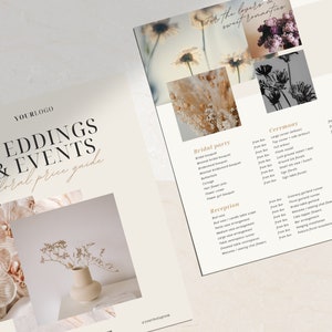 May include: A price guide for weddings and events featuring floral arrangements. The guide includes a variety of floral options for bridal parties, ceremonies, and receptions. The guide is decorated with images of dried flowers.