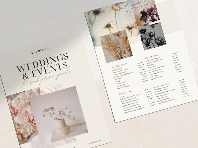 May include: A price guide for weddings and events featuring floral arrangements. The guide includes a variety of floral options for bridal parties, ceremonies, and receptions. The guide is decorated with images of dried flowers.