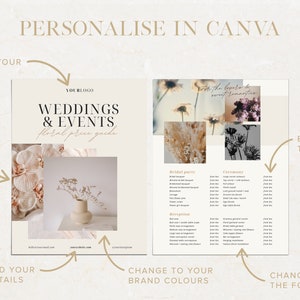 May include: A beige and white floral price guide template for weddings and events. The template features a floral design with text that says "Weddings & Events Floral Price Guide". The template is customizable with your logo, images, details, brand colors, and fonts.