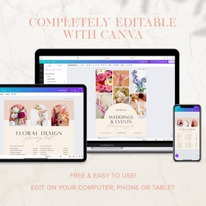 Puede incluir: Una maqueta digital que muestra una plantilla de lista de precios de dise&ntilde;o floral en una computadora port&aacute;til, una tableta y un tel&eacute;fono. La plantilla es personalizable y editable usando Canva. El texto en la plantilla dice "Floral Design Pricing List".
