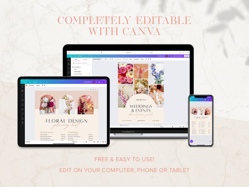 Puede incluir: Una maqueta digital que muestra una plantilla de lista de precios de dise&ntilde;o floral en una computadora port&aacute;til, una tableta y un tel&eacute;fono. La plantilla es personalizable y editable usando Canva. El texto en la plantilla dice "Floral Design Pricing List".