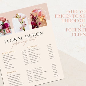 Puede incluir: Una lista de precios imprimible de dise&ntilde;o floral rosa y blanco con tres arreglos florales en arcos. La lista incluye precios para arreglos florales para la fiesta nupcial, la ceremonia y la recepci&oacute;n.