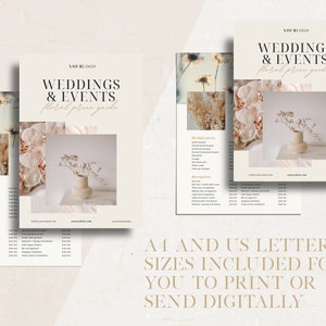 May include: A floral price guide for weddings and events with a beige background and a photo of dried flowers in a vase. The text "WEDDINGS & EVENTS floral price guide" is in black text with a gold outline. The text "YOURLOGO" is at the top of the page.
