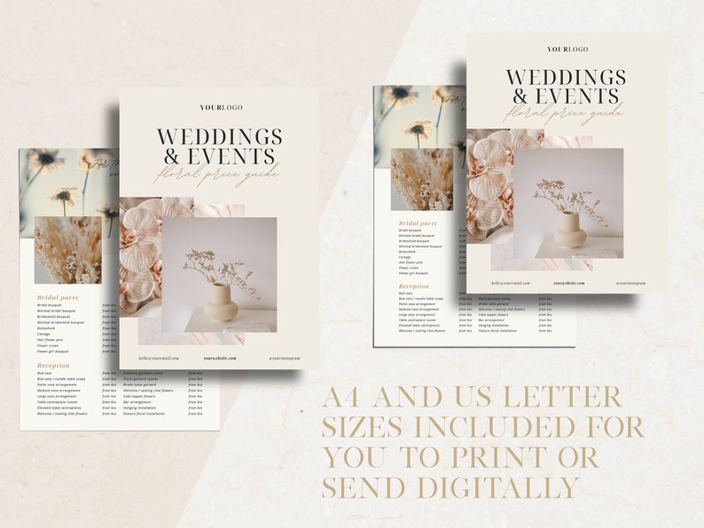 May include: A floral price guide for weddings and events with a beige background and a photo of dried flowers in a vase. The text "WEDDINGS & EVENTS floral price guide" is in black text with a gold outline. The text "YOURLOGO" is at the top of the page.