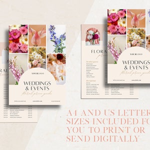 Puede incluir: Una gu&iacute;a de precios florales para bodas y eventos. La gu&iacute;a presenta un collage de flores coloridas sobre un fondo rosa con el texto "WEDDINGS & EVENTS floral price guide".