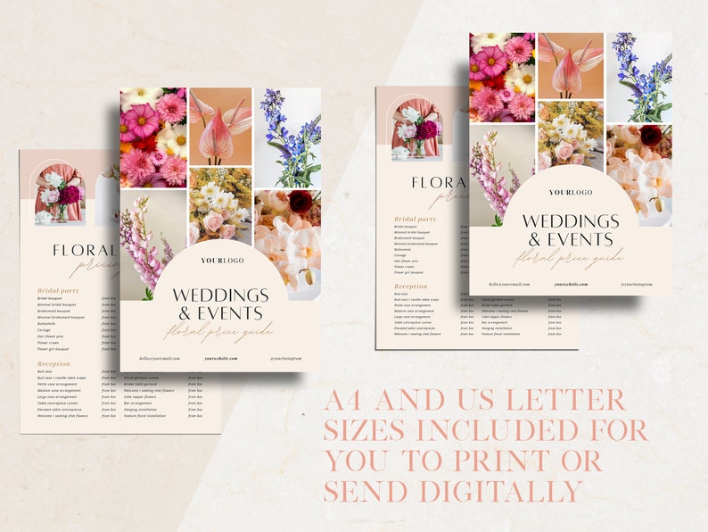 Puede incluir: Una gu&iacute;a de precios florales para bodas y eventos. La gu&iacute;a presenta un collage de flores coloridas sobre un fondo rosa con el texto "WEDDINGS & EVENTS floral price guide".