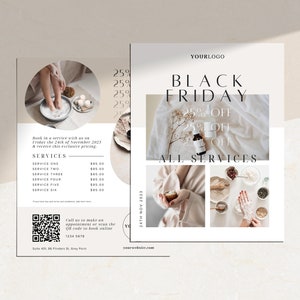 Szablon ulotki Black Friday | Wydrukowana promocja sprzedaży dla firm usługowych | Edytowalny w Canva | Ulotka marketingowa z kodem QR