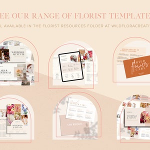 May include: A collection of printable templates for florists, including wedding and event planning, floral design, and dried flower care. The templates feature a modern aesthetic with a neutral color palette of white, beige, and brown.