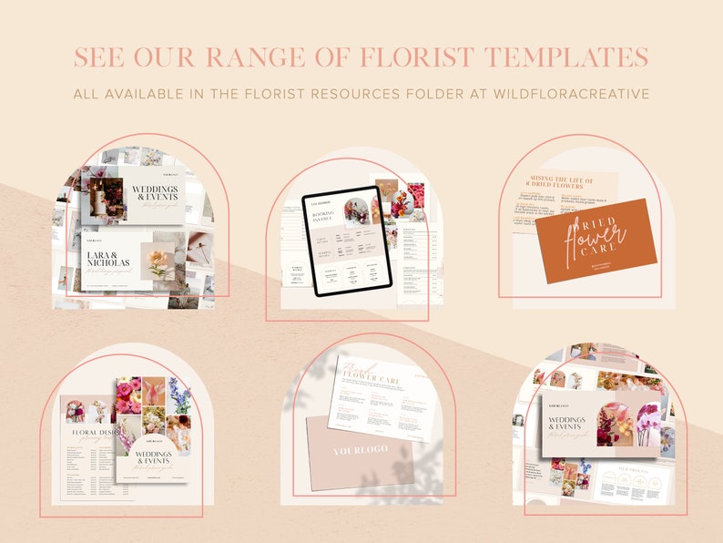May include: A collection of printable templates for florists, including wedding and event planning, floral design, and dried flower care. The templates feature a modern aesthetic with a neutral color palette of white, beige, and brown.
