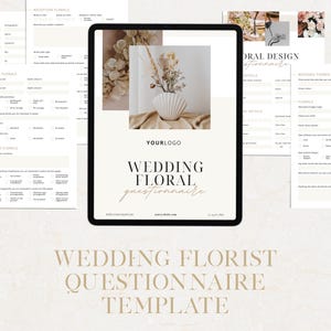 May include: A printable wedding floral questionnaire template with a floral arrangement in a seashell vase. The template includes sections for vendors, reception florals, personal florals, ceremony florals, wedding themes, florals, details, and more. The text "Wedding Floral Questionnaire" is written in a cursive font.