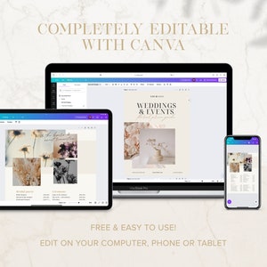 May include: A screenshot of a computer, tablet, and phone displaying a website with the text "Weddings & Events" and "Free & Easy to Use! Edit on your computer, phone or tablet". The website is designed to help users create wedding and event planning materials.