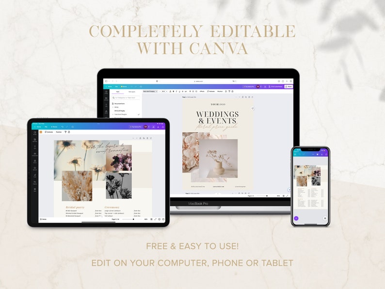 May include: A screenshot of a computer, tablet, and phone displaying a website with the text "Weddings & Events" and "Free & Easy to Use! Edit on your computer, phone or tablet". The website is designed to help users create wedding and event planning materials.