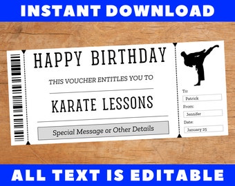 Karate Lessons Birthday Gift Ticket Template, Karate Lessons Birthday Certificate Card Coupon Voucher, Printable Template, Instant Download