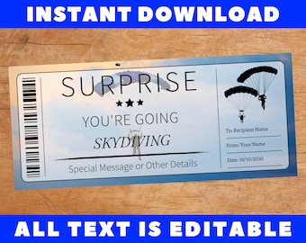 Surprise Skydiving Gift Ticket, Surprise Skydiving Certificate Card Coupon Voucher, Printable Gift Surprise Template, Instant Download