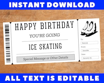 Modello biglietto regalo di compleanno per pattinaggio su ghiaccio, voucher coupon carta certificato di compleanno per pattinaggio su ghiaccio, modello stampabile, download istantaneo