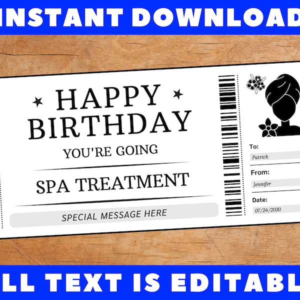 Birthday Spa Treatment Gift Ticket, Birthday Spa Treatment Gift Certificate Card Coupon Voucher, Printable Birthday Gift Template