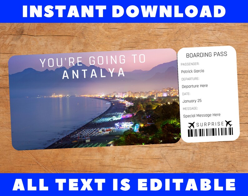 Printable Antalya Boarding Pass Template, Surprise Fake Airplane