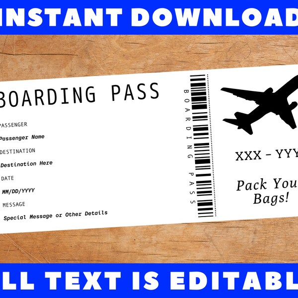 Printable Boarding Pass Template - Airplane Ticket - Birthday Surprise Fake Plane Ticket Voucher - Flight Ticket - Instant Download
