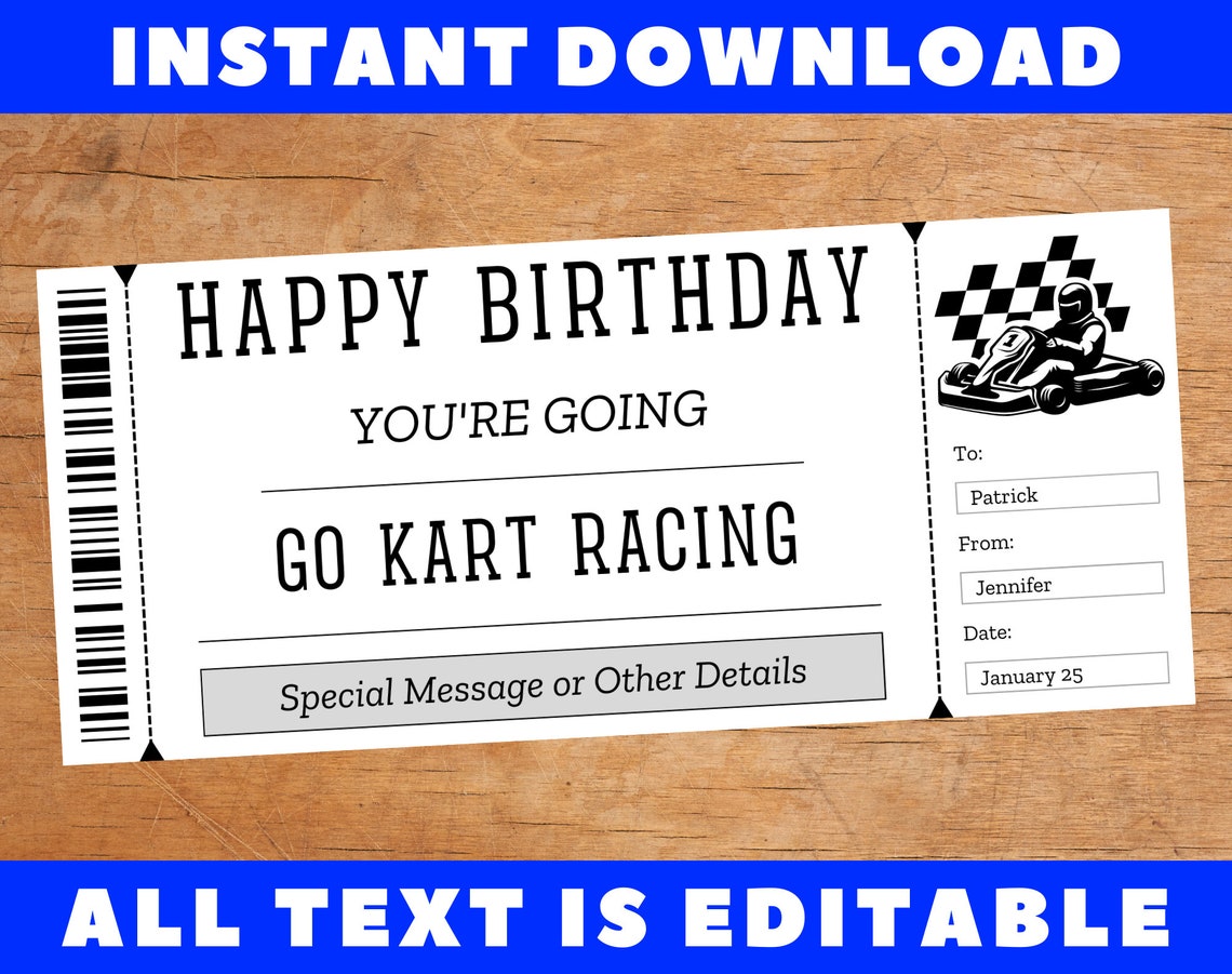 Go Kart Racing Birthday Gift Ticket Template, Go Kart Racing Birthday ...