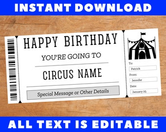 Circus Birthday Gift Ticket Template, Circus Trip Birthday Certificate Card Coupon Voucher, Printable Template, Instant Download