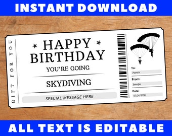Birthday Skydiving Gift Ticket, Birthday Skydiving Gift Certificate Card Coupon Voucher, Printable Birthday Gift Template, Instant Download