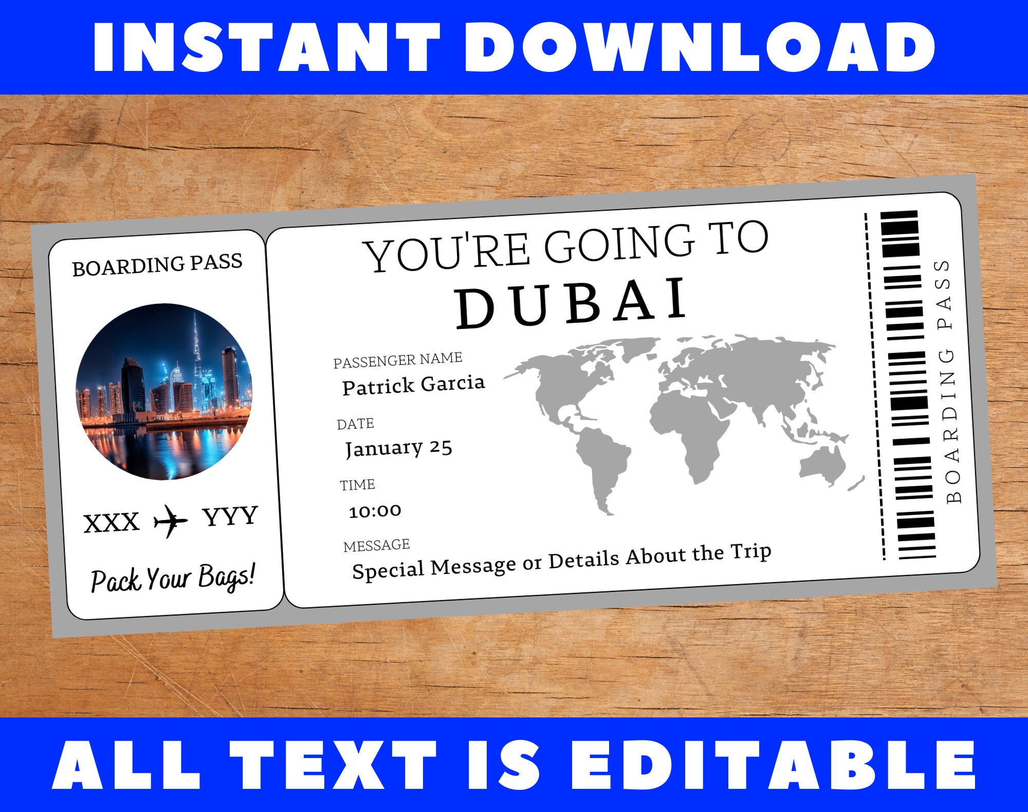 Dubai Boarding Pass Ticket Template, Surprise Gift Airline Airplane