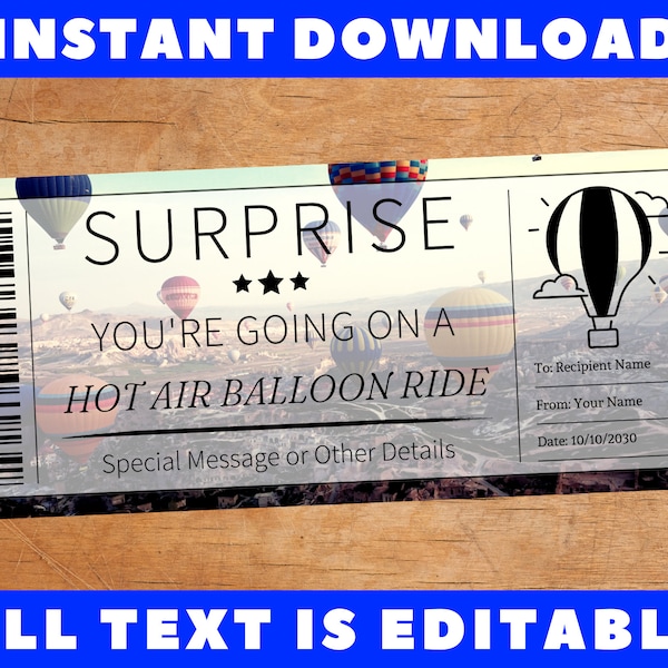 Surprise Hot Air Balloon Ride Gift Ticket, Surprise Hot Air Balloon Ride Certificate Card Coupon Voucher, Printable Gift Surprise Template