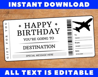 Biglietto regalo per carta d'imbarco di compleanno, biglietto regalo per volo in aereo di compleanno, buono coupon, modello regalo stampabile