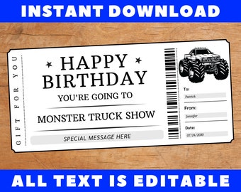 Biglietto regalo per lo spettacolo di Monster Truck di compleanno, buono regalo per lo spettacolo di Monster Truck di compleanno, buono coupon, modello regalo di compleanno stampabile