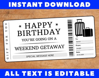 Birthday Weekend Getaway Gift Ticket, Birthday Weekend Getaway Gift Certificate Card Coupon Voucher, Printable Birthday Gift Template