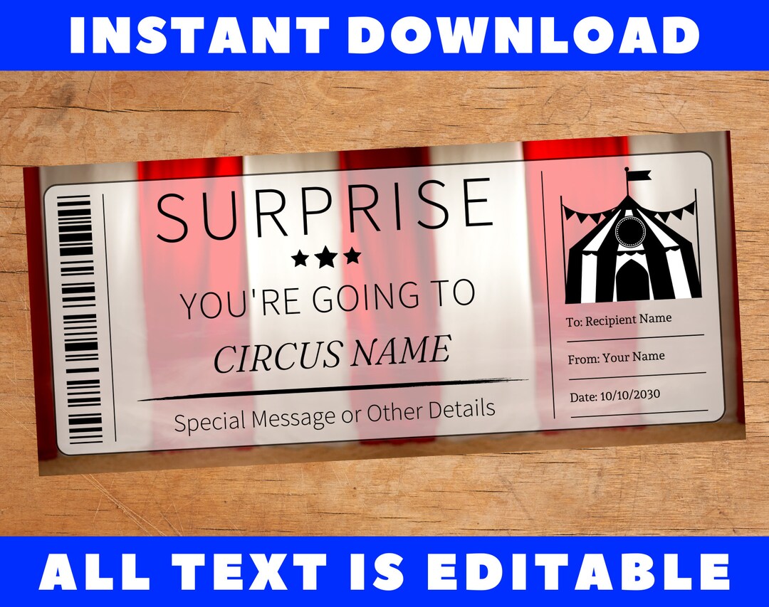 Surprise Circus Gift Ticket, Surprise Circus Trip Certificate Card ...