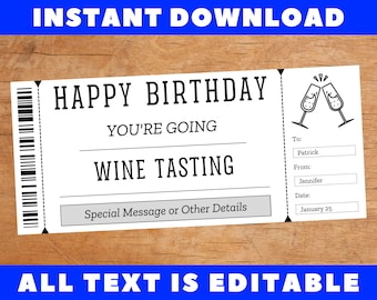 Wine Tasting Birthday Gift Ticket Template, Wine Tasting Birthday Certificate Card Coupon Voucher, Printable Template, Instant Download