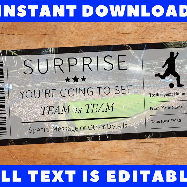 Surprise Soccer Game Gift Ticket, Surprise Soccer Game Certificate Card Coupon Voucher, Printable Gift Surprise Template, Instant Download