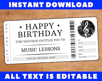 Birthday Music Lessons Gift Ticket, Birthday Music Lessons Gift Certificate Card Coupon Voucher, Printable Birthday Gift Template