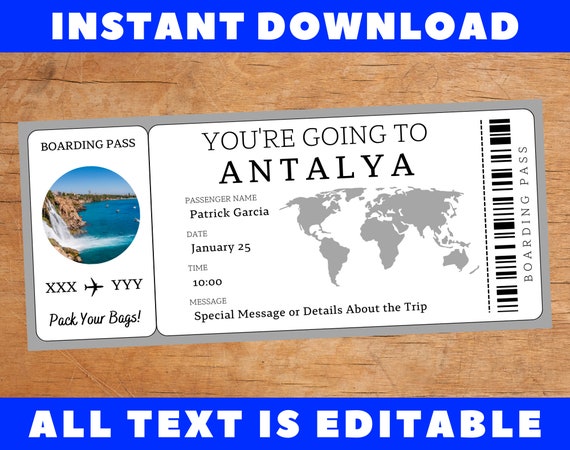 Modèle de billet de carte d'embarquement d'Antalya, cadeau surprise  compagnie aérienne avion avion vol vacances révéler voyage billet bon  coupon -  France