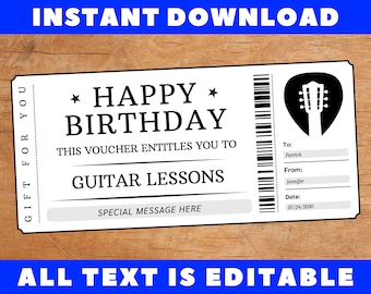 Biglietto regalo per lezioni di chitarra di compleanno, buono regalo per lezioni di chitarra di compleanno, buono coupon, modello regalo di compleanno stampabile