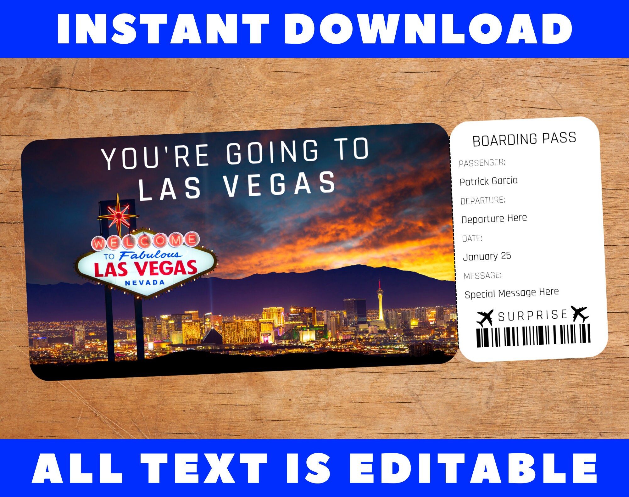 Printable Las Vegas Boarding Pass Template, Surprise Fake Airplane